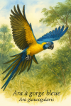 Ara  gorge bleue (Ara glaucogularis) en action dans son habitat naturel, format 1025x1536, avec les noms franais et scientifique visibles