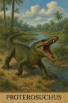 Draw a Proterosuchus in action in its natural habitat, including its scientific name.