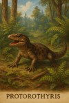 Draw a Protorothyris in action in its natural habitat, including its scientific name.