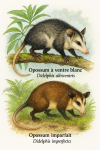 Illustration of two opossums in their natural habitat: Didelphis albiventris (Opossum  ventre blanc) and Didelphis imperfecta (Opossum imparfait). The scene should depict them in action, such as climbing, foraging, or interacting with their environment. Include their French and scientific names clearly labeled. Format: 1025x1536.