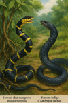 Dessine un Boiga dendrophila (serpent chat mangrove) et un Drymarchon corais (serpent indigo d’Amérique du Sud) en action dans leur milieu naturel, avec leurs noms français et scientifiques visibles. Format 1025x1536.