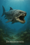 Draw a Dunkleosteus in action in its natural habitat, including its scientific name.