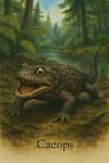 Draw a Cacops in action in its natural habitat, including its scientific name.