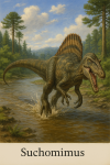 Draw a Suchomimus in action in its natural habitat, including its scientific name.