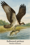 Draw an Osprey (Pandion haliaetus) in action in its natural habitat, including its French and scientific names.