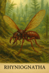 Draw a Rhyniognatha in action in its natural habitat, including its scientific name.