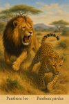 Draw a lion and a leopard in action in their natural habitat, including their scientific names.