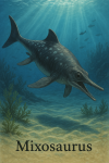 Draw a Mixosaurus in action in its natural habitat, including its scientific name.