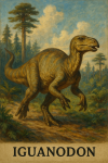 Draw an Iguanodon in action in its natural habitat, including its scientific name.