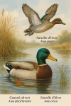 Draw a Mallard (Anas platyrhynchos) and Eurasian Teal (Anas crecca) in action in their natural habitat, with their French and scientific names displayed.