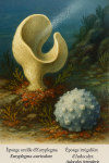 dessine moi un(e) Euryplegma auriculare Éponge oreille d’Euryplegma
Aulocalyx irregularis Éponge irrégulière d’Aulocalyx
 en action dans leur milieu naturel dans un format de 1025*1536 avec leurs noms Français et scientifique