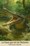 Le Faux-gavial de Malaisie (Tomistoma schlegelii) en action dans son habitat naturel, format 1025x1536, avec les noms français et scientifique visibles