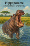 hippopotame amphibie (Hippopotamus amphibius) en action dans son milieu naturel, avec les noms français et scientifique visibles, format 1025x1536