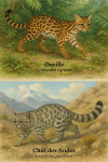 Dessine un Leopardus tigrinus (Oncille) et un Leopardus jacobitus (Chat des Andes) en action dans leur milieu naturel, avec leurs noms français et scientifiques visibles. Format 1025x1536.