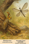 Dessine une Climaciella brunnea (Mantispe brun) et une Nymphes myrmeleonides (Fourmilion géant australien) en action dans leur milieu naturel, avec leurs noms français et scientifiques visibles. Format 1025x1536.