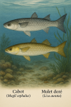 Draw a Cabot (Mugil cephalus) and a Mulet doré (Liza aurata) in action in their natural habitat, with their French and scientific names displayed.