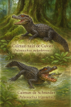 Illustration d'un Paleosuchus palpebrosus (Caïman nain de Cuvier) et d'un Paleosuchus trigonatus (Caïman de Schneider) en action dans leur habitat naturel, avec leurs noms français et scientifiques visibles, dans un format vertical 1025x1536