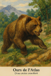 Ours de l'Atlas (Ursus arctos crowtheri) en action dans son habitat naturel, format 1025x1536, avec les noms franais et scientifique visibles