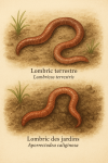 Illustration naturaliste montrant un Lombric terrestre (Lumbricus terrestris) et un Lombric des jardins (Aporrectodea caliginosa) en action dans leur milieu naturel. Le Lombric terrestre est représenté en train de creuser profondément dans un sol humide et riche en matière organique, tandis que le Lombric des jardins évolue dans les couches plus superficielles du sol, près des racines et des feuilles mortes. Le décor inclut des éléments typiques comme des racines, des feuilles en décomposition, des galeries souterraines, et une faune du sol (collemboles, cloportes). Les deux espèces sont clairement identifiées avec leurs noms français et scientifiques en légende.