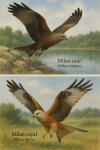 Draw a Black Kite (Milvus migrans) and a Red Kite (Milvus milvus) in action in their natural habitat, including their French and scientific names.