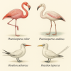 dessine moi des flamants et des phatons (oiseaux) d'espces diffrentes en couleurs sur fond clair en format 1024*1024 et leurs noms scientifique seulement.