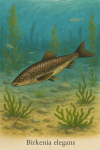 Draw a Birkenia in action in its natural habitat, including its scientific name.