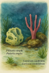 Plakortis simplex (Plakortis simple) and Corticium candelabrum (Corticium candélabre) in action in their natural habitat, labeled with both French and scientific names, in a 1025x1536 format