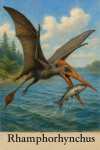 Draw a Rhamphorhynchus in action in its natural habitat, including its scientific name.