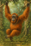Orang-outan de Tapanuli (Pongo tapanuliensis) en action dans son habitat naturel, format 1025x1536, avec les noms franais et scientifique visibles