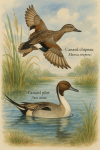 Draw a Gadwall (Mareca strepera) and Northern Pintail (Anas acuta) in action in their natural habitat, with their French and scientific names displayed.