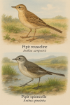 dessine moi un Pipit rousseline (Anthus campestris) et un Pipit spioncelle (Anthus spinoletta) en action dans leur milieu naturel dans un format de 1025*1536 avec leurs noms Français et scientifique