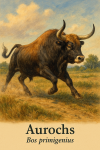 Un aurochs (Bos primigenius) en action dans son habitat naturel, illustr dans un format vertical 1025x1536, avec les noms 'Aurochs' et 'Bos primigenius' intgrs dans l'image.