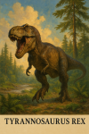 Draw a Tyrannosaurus rex in action in its natural habitat, including its scientific name