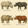dessine moi des rhinoceros (mammifres) d'espces differentes en couleurs sur fond clair en format 1024*1024 et leurs noms scientifique seulement.