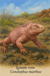 Draw a pink iguana (Conolophus marthae) in action in their natural habitat, including their French and scientific names.