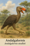 Andalgalornis en action dans son milieu naturel, format 1025x1536, avec son nom français et scientifique