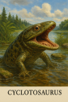 Draw a Cyclotosaurus in action in its natural habitat, including its scientific name.