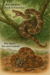 Illustration d'un Boa nebulosa (Boa de la Dominique) et d'un Boa sigma (Boa ouest-mexicain) en action dans leur habitat naturel, avec leurs noms français et scientifiques visibles. Format 1025x1536.
