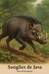 Sanglier de Java (Sus bucculentus) en action dans son habitat naturel, format 1025x1536, avec les noms franais et scientifique visibles