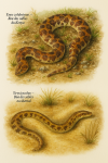 dessine un Eryx colubrinus (Boa des sables du Kenya) et un Eryx jaculus (Boa des sables occidental) en action dans leur milieu naturel, avec leurs noms français et scientifiques visibles, format 1025x1536