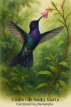 Colibri de Santa Marta (Campylopterus phainopeplus) en action dans son habitat naturel, format 1025x1536, avec les noms franais et scientifique visibles