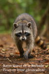 Procyon lotor gloveralleni (raton laveur de la Barbade) en action dans son milieu naturel, avec son nom franais et scientifique visible