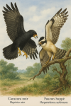 dessine moi un Daptrius ater — Caracara noir et un Faucon huppé Herpetotheres cachinnans en action dans leur milieu naturel dans un format de 1025*1536 avec leurs noms Français et scientifique
