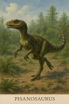 Draw a Pisanosaurus in action in its natural habitat, including its scientific name.