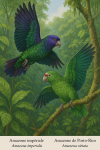 dessine moi un Amazone impériale (Amazona imperialis) et un Amazone de Porto-Rico (Amazona vittata) en action dans leur milieu naturel dans un format de 1025*1536 avec leurs noms Français et scientifique