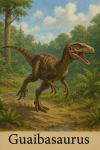 Draw a Guaibasaurus in action in its natural habitat, including its scientific name.
