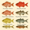 dessine moi 6 Beryciformes (poissons) d'espces diffrentes en couleurs sur fond clair en format 1024*1024 et leurs noms scientifique seulement.