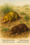 Chrysochloris asiatica (Taupe dorée du Cap) et Amblysomus hottentotus (Taupe dorée hottentote) en action dans leur milieu naturel, avec leurs noms français et scientifiques visibles, format 1025x1536