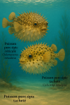 Redraw the reticulated porcupinefish (Chilomycterus reticulatus) and the spotted porcupinefish (Cyclichthys spilostylus) in action in their natural habitat, with their French names displayed: 'Poisson porc-épic réticulé' and 'Poisson porc-épic tacheté'.