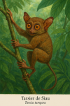 Tarsier de Siau (Tarsius tumpara) en action dans son milieu naturel, avec les noms 'Tarsier de Siau' et 'Tarsius tumpara' intgrs dans l'image